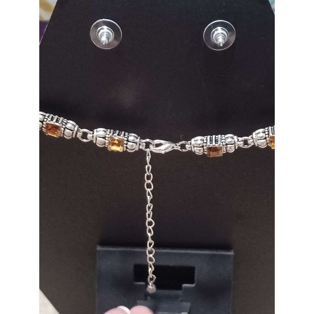 Silver-Toned Orange Crystal Necklace & Earring Set, 16" - Picture 4 of 4